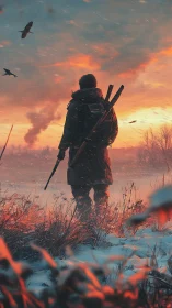 Solitary winter wanderer surveys burning horizon at dusk
