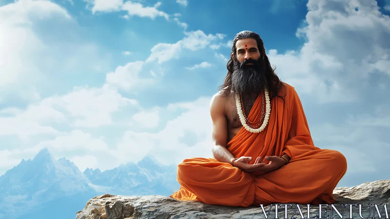 Himalayan yogi in orange robes meditating on sunlit cliff.