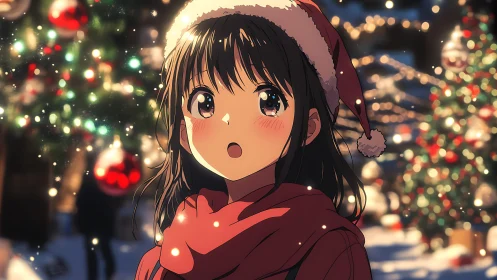 Anime girl in Santa hat under glowing Christmas lights.