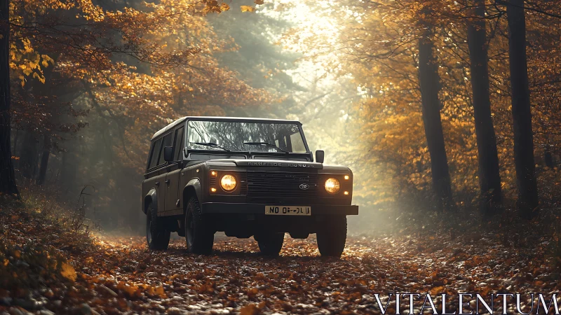 Sturdy off-road legend hums quietly through a misty autumn lane