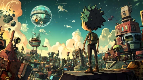 Boy observes floating orb above crowded cartoon cityscape
