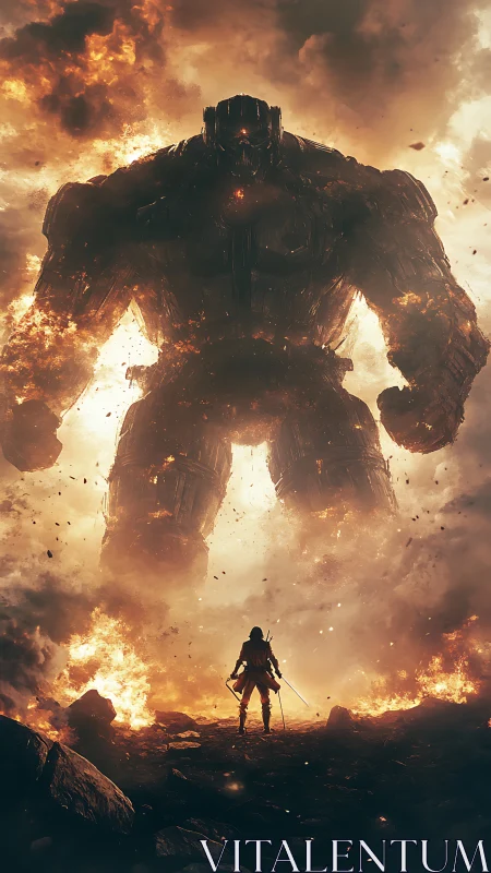 Lone warrior confronts colossal fiery mech in apocalyptic ruin.