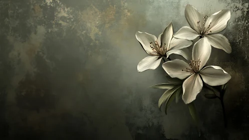 White lilies bloom against a moody, weathered wall background