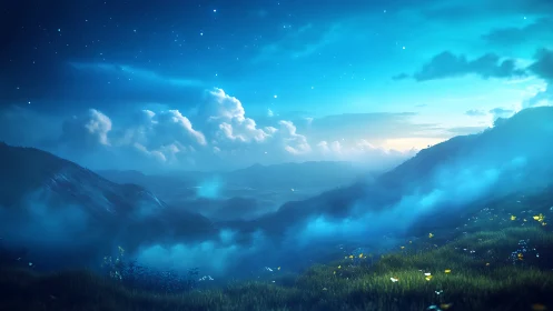 Midnight valley inhales starlight through drifting blue mists
