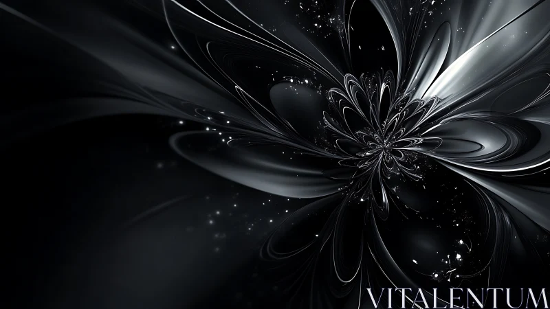 Monochrome abstract fractal flower radiates curved metallic arcs