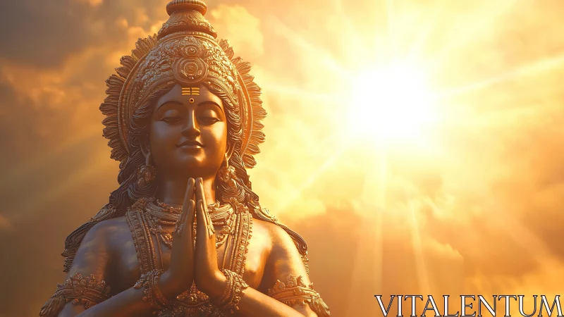 Golden devotional deity statue under radiant solar halo