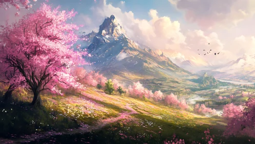 Gentle spring valley opens toward sunlit, snowcapped peaks