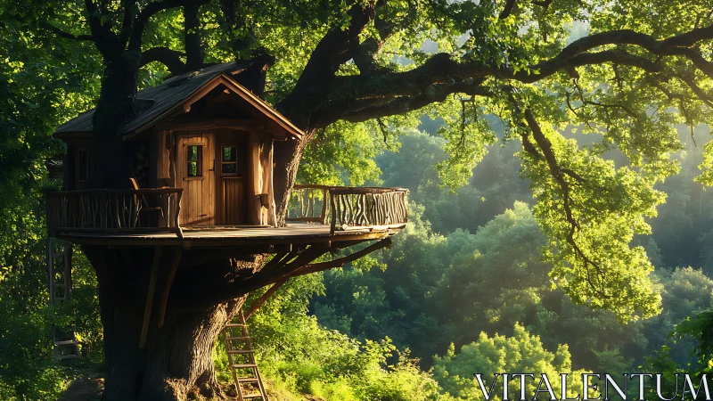 Wooden treehouse structure extends over dense forest canopy