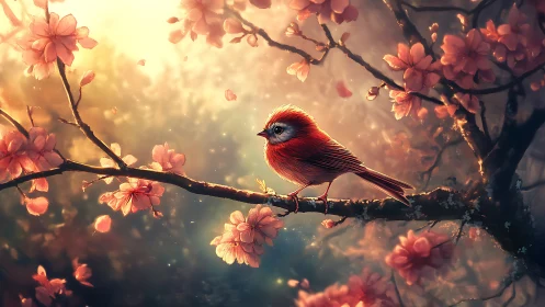 Small red songbird on flowering branch in diffused light.