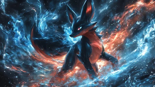 Blue and red elemental fox creature in swirling energy field.