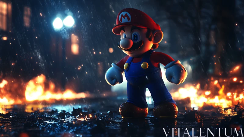 Cartoon plumber stands in rainy street with fires behind.