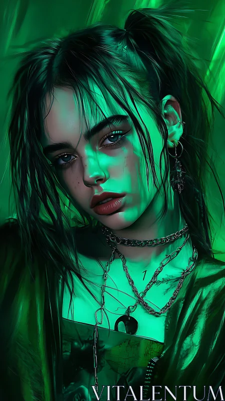 Neon-lit goth girl gazes into camera with vivid intensity.