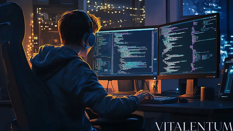 Digital painting of night coder at dual-monitor workstation.