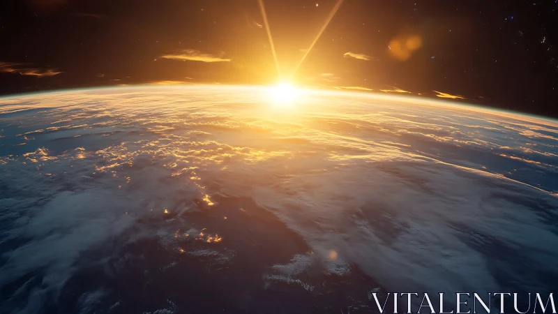 Sunrise over Earth’s horizon floods space with golden light.