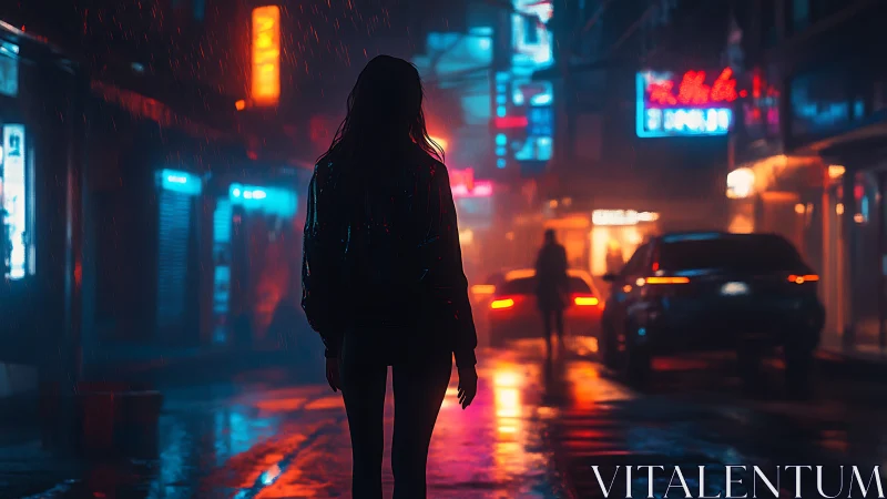 Silhouette walks through neon city street under rain at night