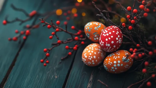 Colorful speckled Easter eggs nestle among red winter berries.