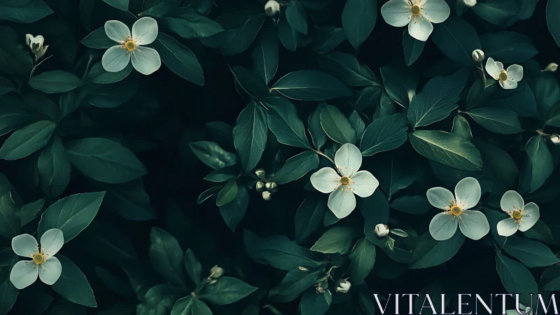 White Flowers Among Dark Green Foliage.