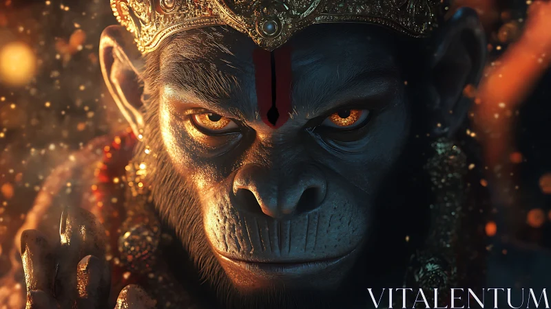 Divine warrior simian in molten gold ceremonial crown.