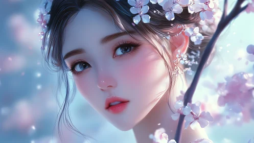 Blossom-crowned anime girl gazes softly amid spring light.