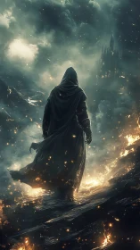 Hooded wanderer crossing burning ridge toward obsidian citadel.