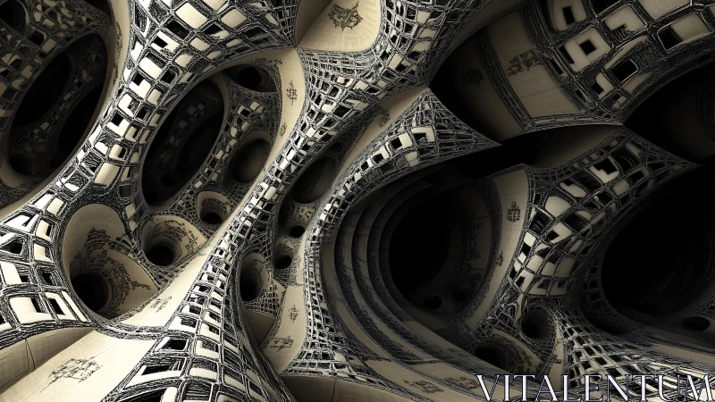 Complex fractal tunnel architecture with curved lattice surfaces.