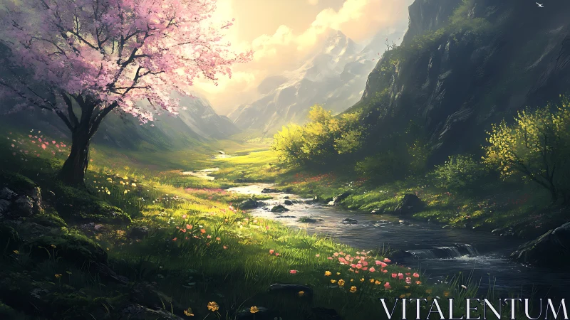 Spring mountain valley with river, blossoms, and sunlight.