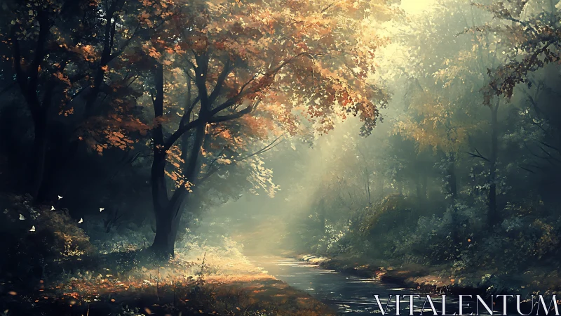 Enchanted Forest Stream: Where Autumn Whispers Meet Golden Light.