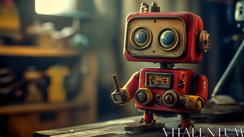Miniature retro service robot holding bolt in workshop scene.