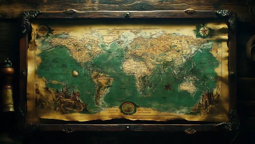 Antique world map glows warmly in a rustic wooden frame