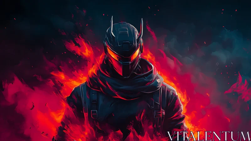 Armored futuristic warrior stands in stylized surrounding flames
