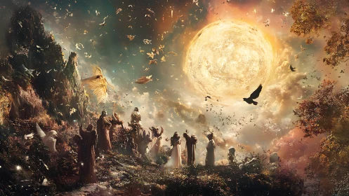 Celestial assembly beneath radiant sun sphere in mystic sky.