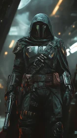 Armored sci fi bounty hunter stalks a dim industrial corridor