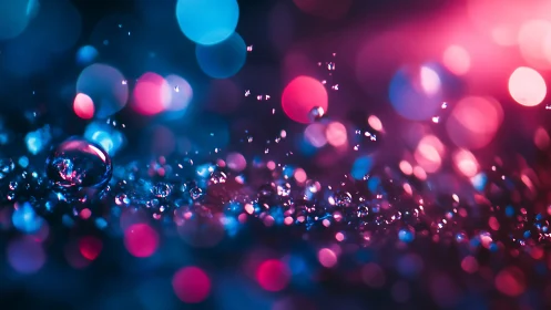 Neon raindrop cabaret under electric pink and blue halos.