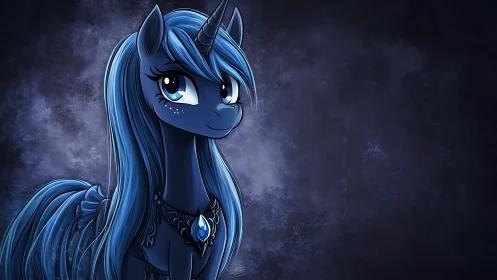 Blue unicorn pony portrait with jeweled necklace on nebula ground