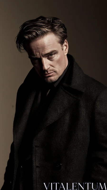 Moody portrait captures a thoughtful man in a dark overcoat