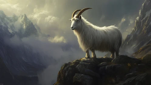 Mountain goat on stormlit cliff with dramatic alpine backdrop