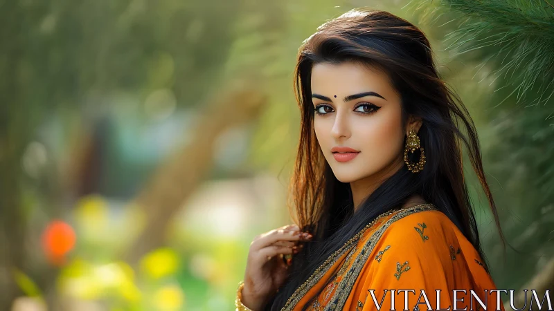 Sunlit gaze in marigold silk, wrapped in garden quietude.