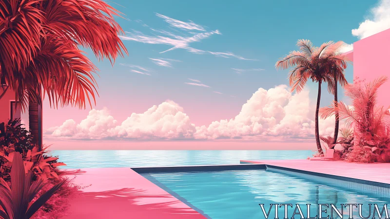 Dreamy pastel pool terrace opens onto a calm ocean horizon