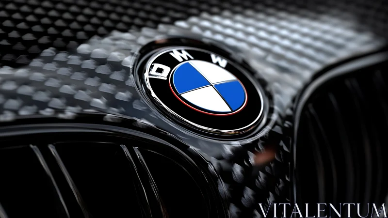 Carbon-fiber shimmer crowns a bold blue-and-white emblem.