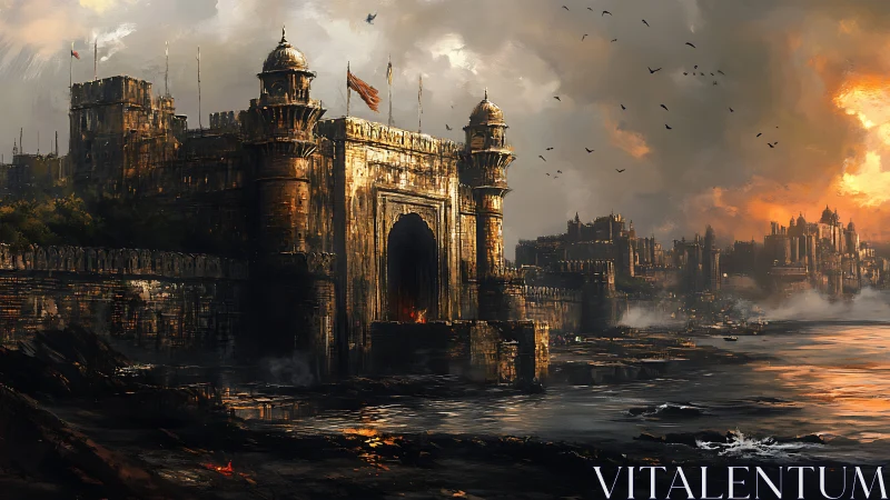 Stormlit coastal fortress rendered in dramatic digital chiaroscuro