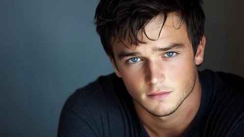 Young man with blue eyes gazes into soft diffused light