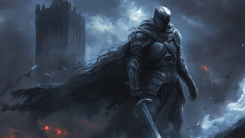 Storm-wreathed dark knight strides from a smoldering citadel