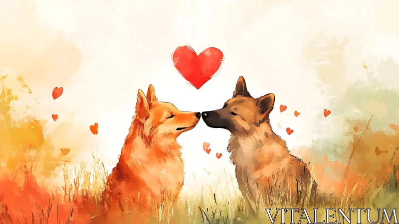 Two canines in field with floating hearts, watercolor rendering