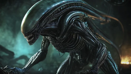 Sleek biomechanical creature prowls through a dim alien lair