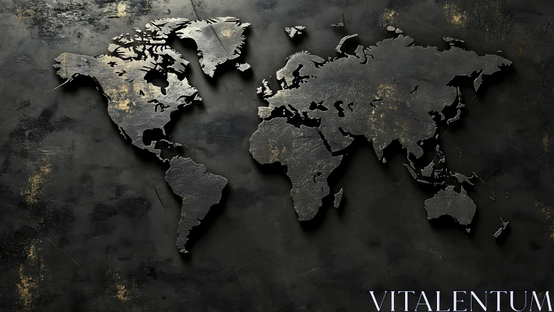 World map silhouette in textured metallic relief on wall.