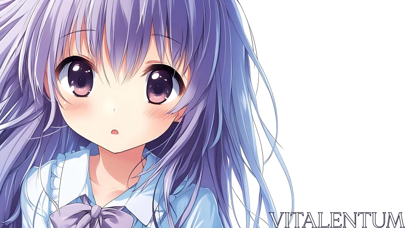 Purple haired anime girl portrait on white background.