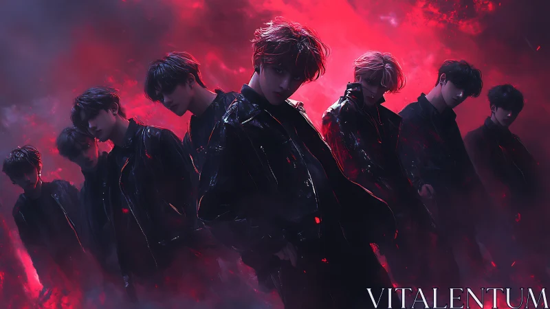 Moody band of silhouettes glowing in stormy crimson light.