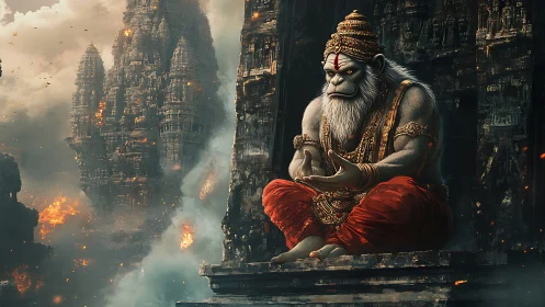 Simian deity figure sits before burning stone temples