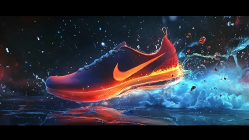 Digital sports shoe rendering in dynamic liquid environment.