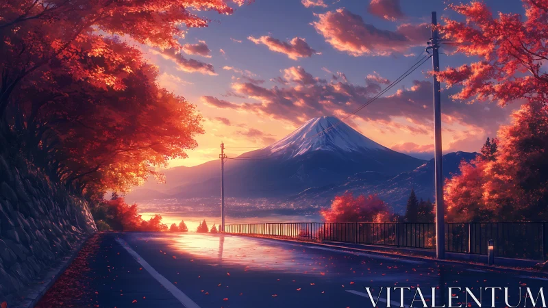 Autumn highway overlook facing snow capped stratovolcano at dusk